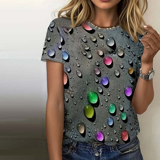 Casual commuting colorful water drop print round neck T-shirt top