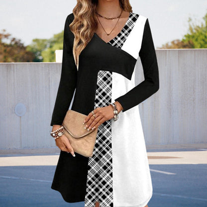 Black And White Splicing Commuter Casual V-Neck Dress