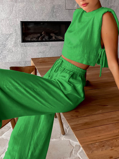 Utility Linen Two Piece Wide Leg Pants Set