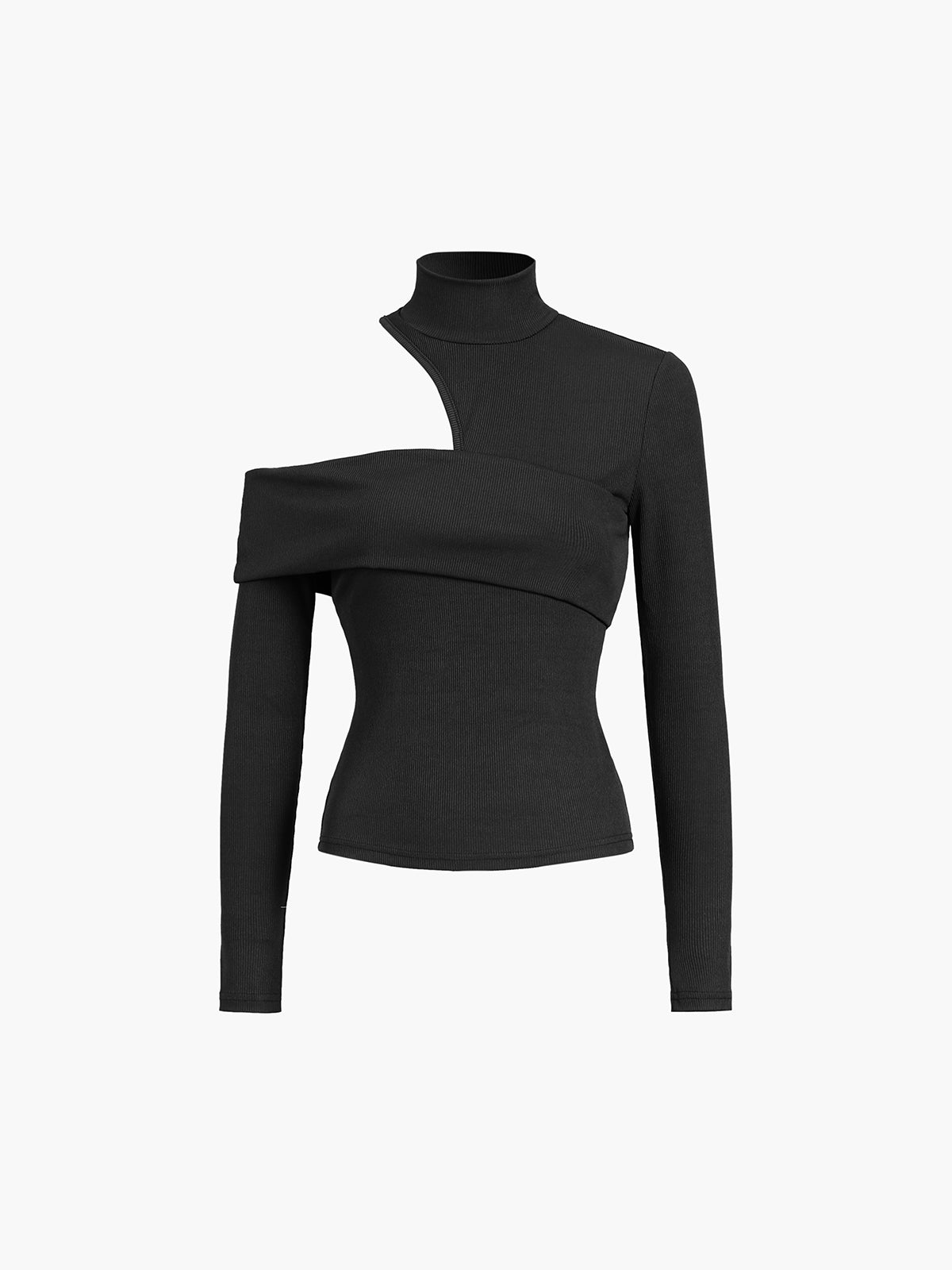 Mock Neck Oblique Cutout Rib Long Sleeve Knit Top