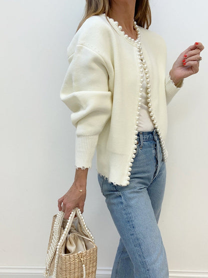 Pearl Trim Ripped Hem Cardigan