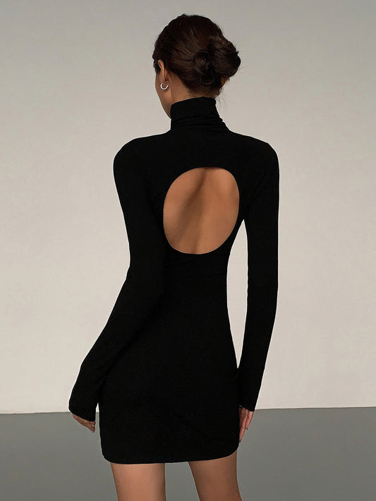 Turtleneck Open Back Long Sleeve Short Dress