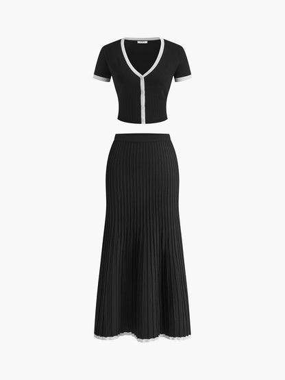 Minimalism Contrast Trim Sweater Skirt Set