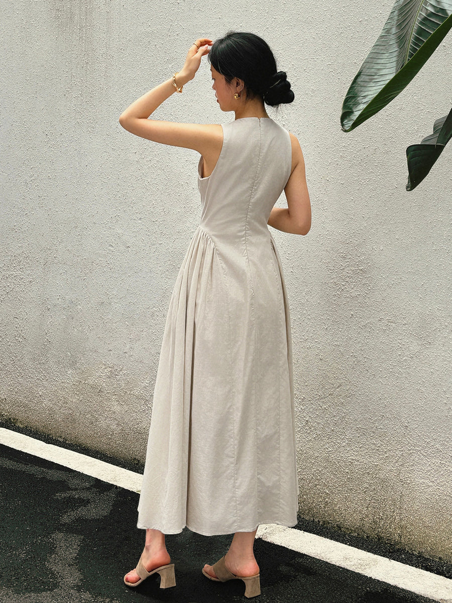 Cotton & Linen Pleated Cutout Long Dress