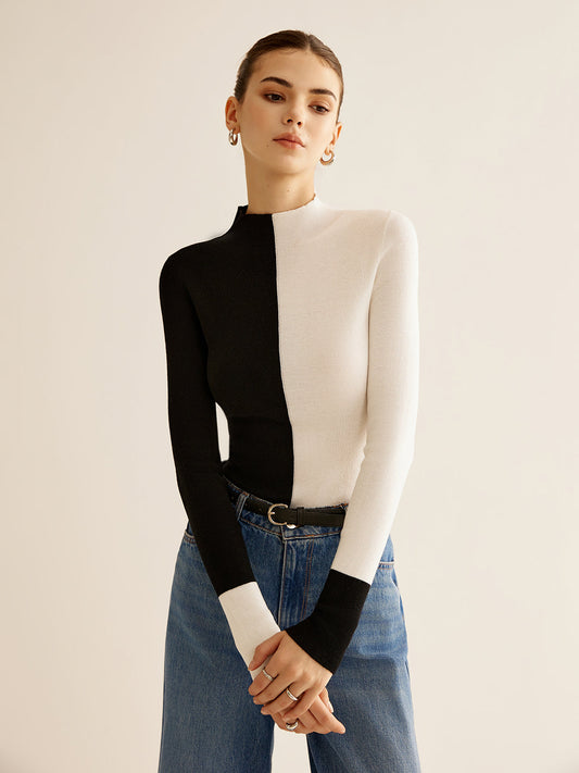 Wool-Blend Two Tone Skinny Knit Top