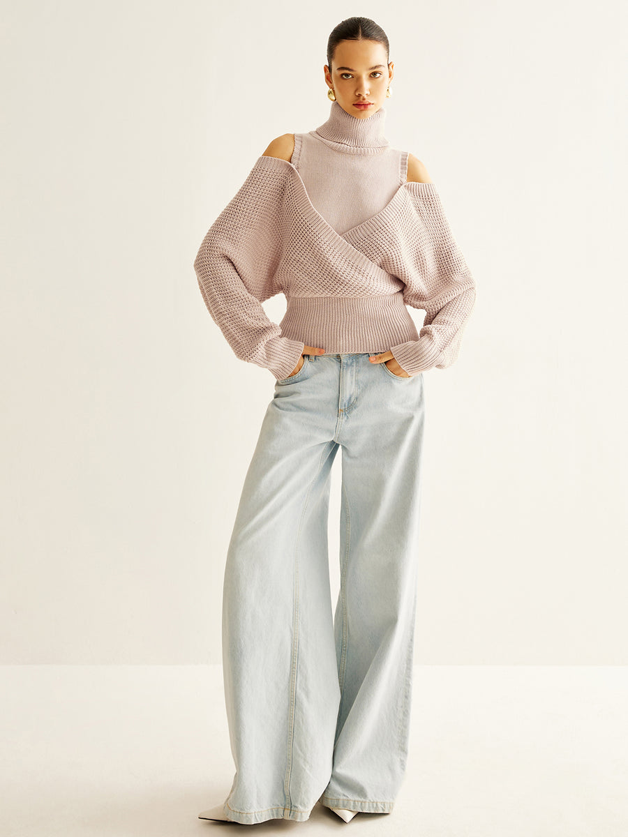 Wool-Blend Turtleneck Cinched Knit Top