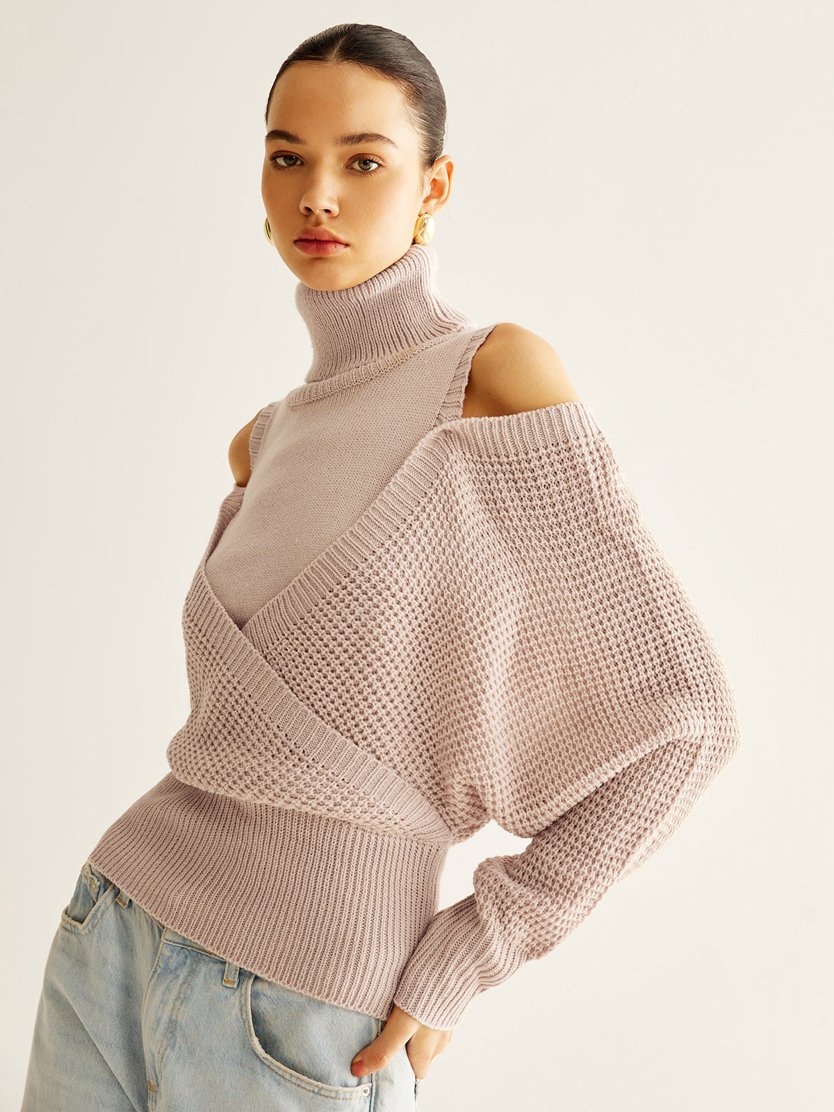 Wool-Blend Turtleneck Cinched Knit Top