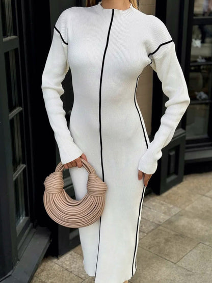 Ribbed Contrast Piping Sweater Dress