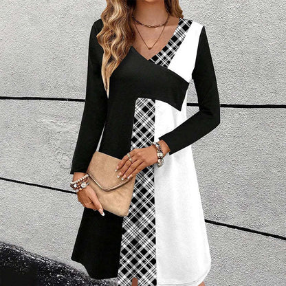 Black And White Splicing Commuter Casual V-Neck Dress