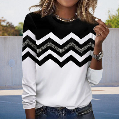 Versatle Contrast Color Ripple Print T-Shirt Long Sleeves