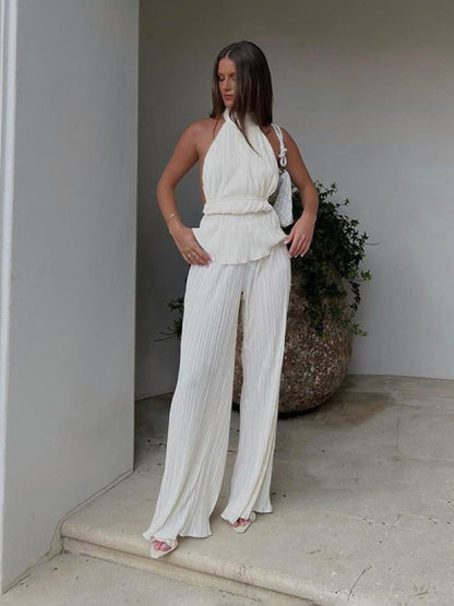 Halter Crop Top With Wide Leg Pants Set