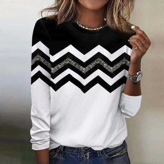 Versatle Contrast Color Ripple Print T-Shirt Long Sleeves